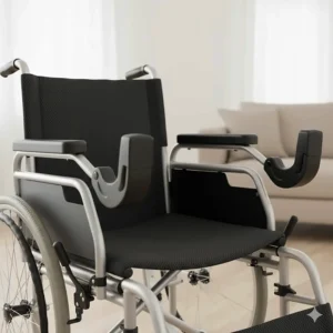 Breathable padded upholstery and flip-up armrests on a transit travel wheelchair designed for comfort.