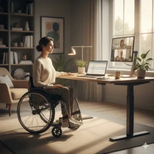 A comfortable wheelchair integrated into a stylish UK home office environment during a video call.