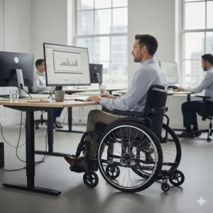Illustration showing the adjustable height feature of a wheelchair for a professional using a standing desk.
