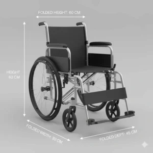 Technical drawing showing the compact folded dimensions of the smallest wheelchair for car boot storage.