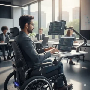 A high-tech wheelchair with a tablet mount being used by a professional software developer in a bright office.