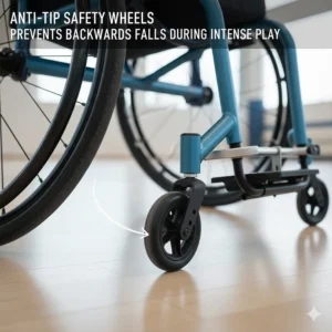 Illustration of the rear anti-tip wheels on an entry-level sports wheelchair, preventing the chair from flipping during intense play.