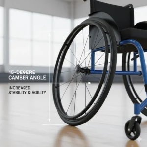 Illustration showing the 15-degree camber angle on an entry-level sports wheelchair for increased lateral stability and turning speed.