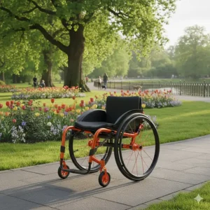 A vibrant orange active wheelchair with a stylish design parked on a paved path in a lush, sunny British public park with flower beds.