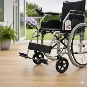 Detachable swing-away footrests on a silver aluminium wheelchair designed for easy and safe transfers.