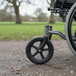 Detailed view of the durable, puncture-proof tyres on a lightweight attendant-propelled wheelchair, ideal for outdoor use.