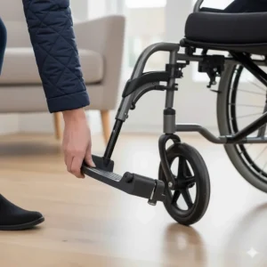 Illustration of swing-away footrests on a lightweight transit wheelchair, making it easier for the user to transfer in and out.