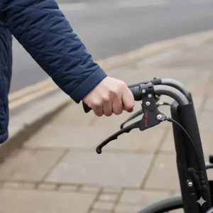 Close-up of the ergonomic handles and cable-operated carer brakes for safety on British pavements and slopes.