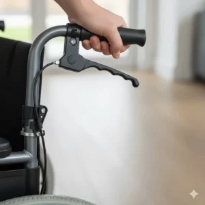 Detailed view of the ergonomic attendant brakes on a lightweight portable wheelchair for safety.