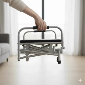 An ultra-lightweight aluminium wheelchair frame being lifted easily by one hand to demonstrate portability.