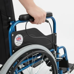 Illustration of attendant-operated cable brakes on a British safety-standard approved wheelchair.