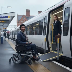 Illustration of a professional person using an electric wheelchair to board a modern UK train with a ramp.