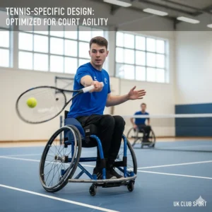 A tennis-specific entry-level sports wheelchair showing the quick-release wheels and streamlined design for the court.