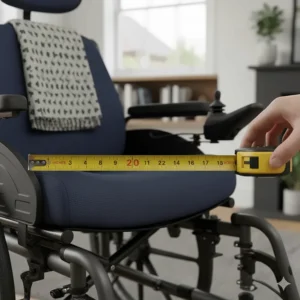 Close-up illustration showing the 20 inch seat width measurement of a wheelchair designed for larger users.