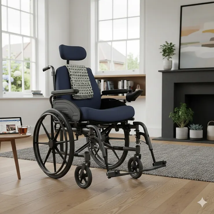 A high-quality 20 inch wide wheelchair for larger users, featuring a robust frame and ergonomic seat, shown in a contemporary British living room. 20 inch wide wheelchair for larger users