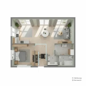 A floor plan showing an accessible UK home layout with wide doorways for a toddler's first wheelchair.
