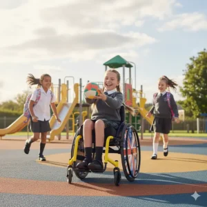 A school-age child playing with friends in a playground while using a stylish active junior wheelchair.