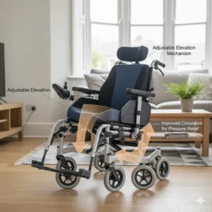 A male wheelchair user in a contemporary UK living room performing a pressure relief lift-off maneuver to manage weight distribution.