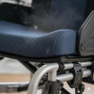 A high-detail illustration of adjustable elevating footrests on a modern wheelchair, highlighting their role in improving circulation and relieving pressure.