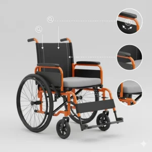 Illustration showing the adjustable seat and footrest features of a school-age paediatric wheelchair.