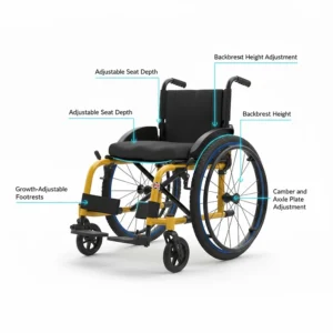 Diagram highlighting the growth-adjustable frame and footrests on a first wheelchair for a toddler.