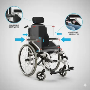 Technical illustration showing how the seat width and depth adjust on an expandable wheelchair to suit a growing child.