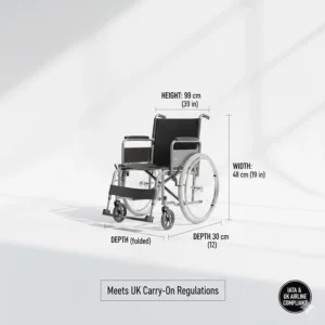 Technical illustration showing wheelchair dimensions that are fully IATA and UK airline compliant for carry-on luggage.