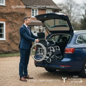 A man in a smart suit easily lifting a 9kg lightweight aluminium wheelchair into a car boot to demonstrate its portable design.