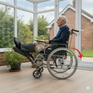 Side profile of a reclining wheelchair highlighting the anti-tip wheels for stability and safety during the full recline function.