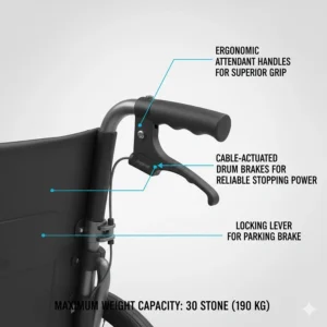 Close-up of cable-actuated drum brakes and ergonomic attendant handles providing reliable stopping power and a locking parking brake.