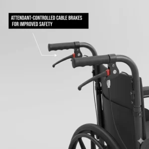 Detailed view of the ergonomic attendant-controlled cable brakes for improved safety on slopes and ramps.