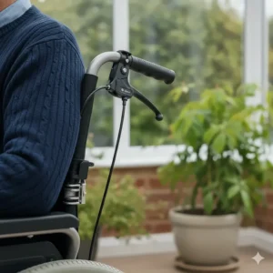 Detailed view of the attendant-controlled cable brakes on the handles of a reclining wheelchair for safety on British pavements.