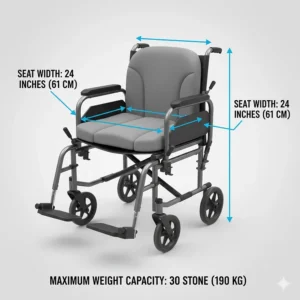 Illustration showing the extra-wide seat dimensions of a bariatric wheelchair suitable for a 30 stone person, with measurements in inches and centimetres.