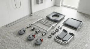 A flat-lay view of the modular components of a shower commode chair, including the aluminium frame, braked castors, and padded seat.