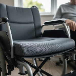 Close-up of the padded, breathable seat upholstery on a narrow transit wheelchair designed for occupant comfort.