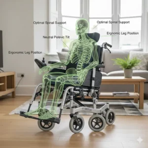 Close-up of vapour-permeable, breathable mesh wheelchair upholstery designed to maintain skin integrity and improve air circulation.