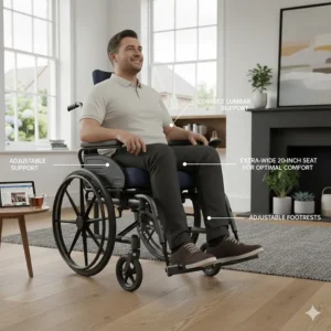 Illustration showing a larger user sitting comfortably with correct posture in a 20 inch wide wheelchair.