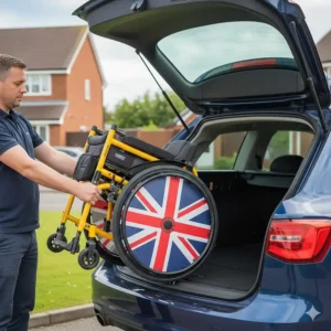 A compact junior wheelchair folded and being placed into the boot of a British family car.