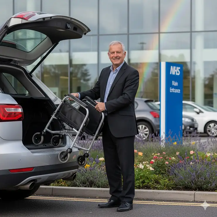 A lightweight compact transit chair for hospital visits, shown in a folded position next to a person for scale in a bright hallway. compact transit chair for hospital visits