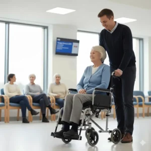 A senior patient being comfortably assisted in a compact transit chair during a routine UK outpatient appointment.