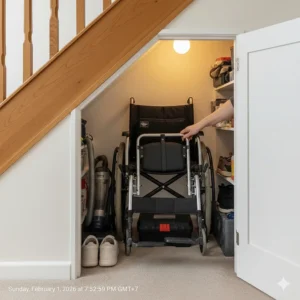 A folded slim transit wheelchair stored neatly in a small under-stairs cupboard, demonstrating its space-saving design.