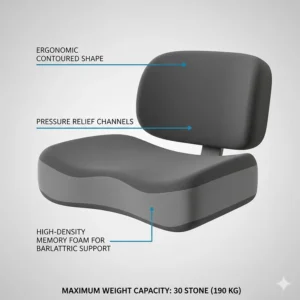 Ergonomic contoured seat cushion featuring high-density memory foam and pressure relief channels for bariatric support.