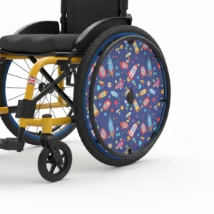 Close-up of a first wheelchair for a toddler featuring bright blue frames and decorative spoke guards.