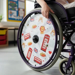 Colourful customisable spoke guards on a stylish junior wheelchair for school-age children.