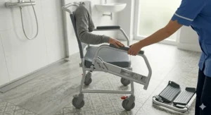 A close-up of the drop-down armrest functionality on a transfer chair, designed to assist carers with safe lateral patient movements.