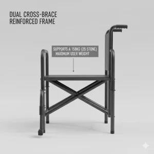 Technical drawing of the dual cross-brace reinforced frame that supports a 158kg (25 stone) maximum user weight.