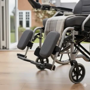 Close-up of adjustable elevating legrests on a reclining wheelchair, showing the smooth manual lift mechanism and padded calf supports.