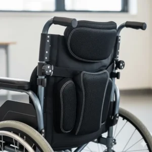 Detailed view of the ergonomic backrest and posture support on a modern junior wheelchair.