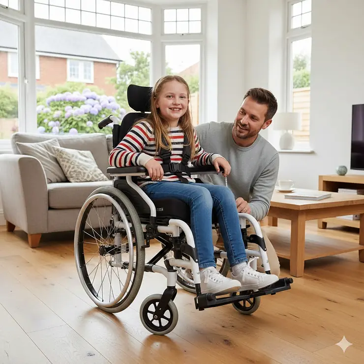 A paediatric expandable wheelchair that grows with the child, shown in a versatile adjustability demonstration within a British home. expandable wheelchair grows with child