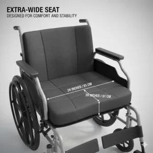 Diagram showing the extra-wide seat dimensions of a bariatric wheelchair designed for comfort and stability.